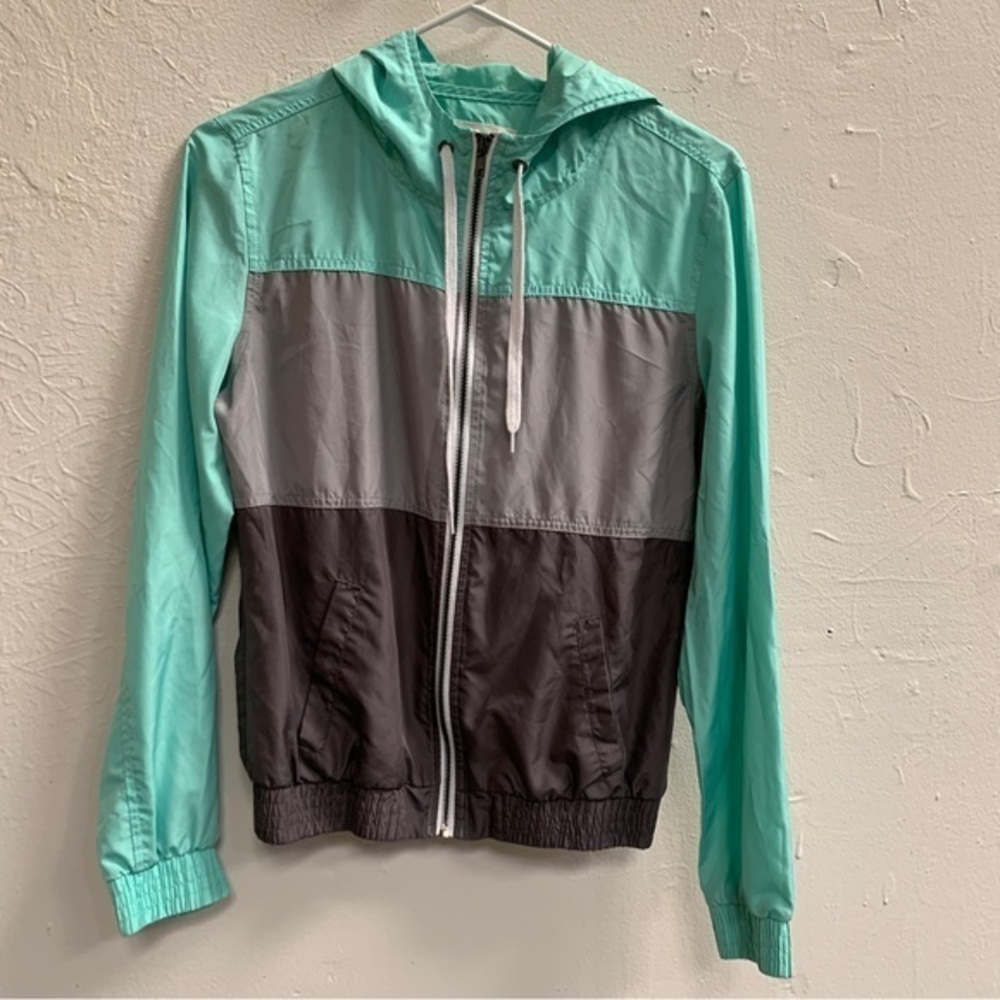 ZINE Hoodie color block gray aqua meant hooded zip up jacket pockets medium